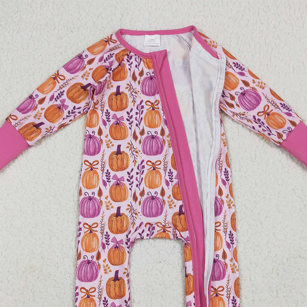 8.15 USA Shop (in stock)LR2270  Baby  Winter Rompers Baby Girls Long Sleeves Hot Pink Floral Pumpkins Zipper Rompers