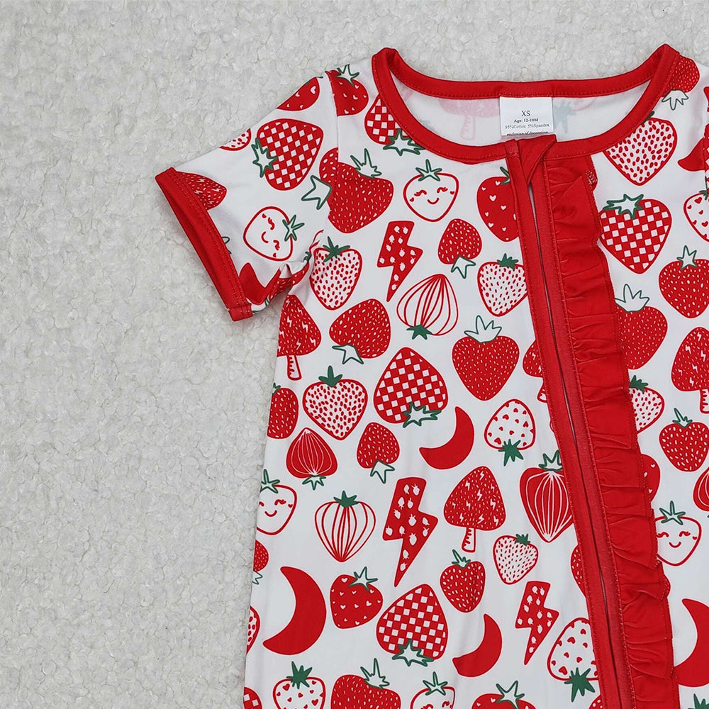SR2500Strawberry Baby Girls Zipper Romper Short Sleeves Cute Infant Outfit Pink Onesie for Newborns And Toddlers