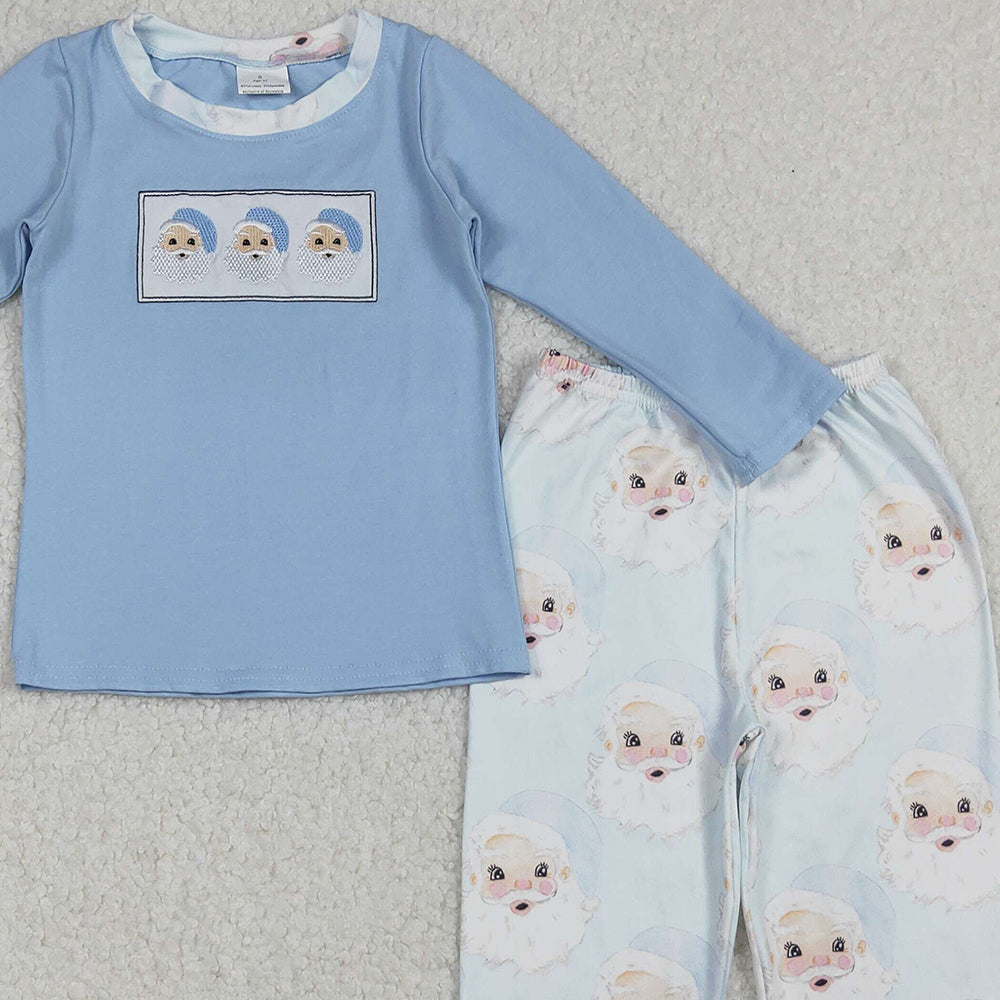 RTS NO MOQ （In stock）BLP0505 Baby Boys Winter Outfits Christmas Blue Santas Shirt Pants Clothes Sets