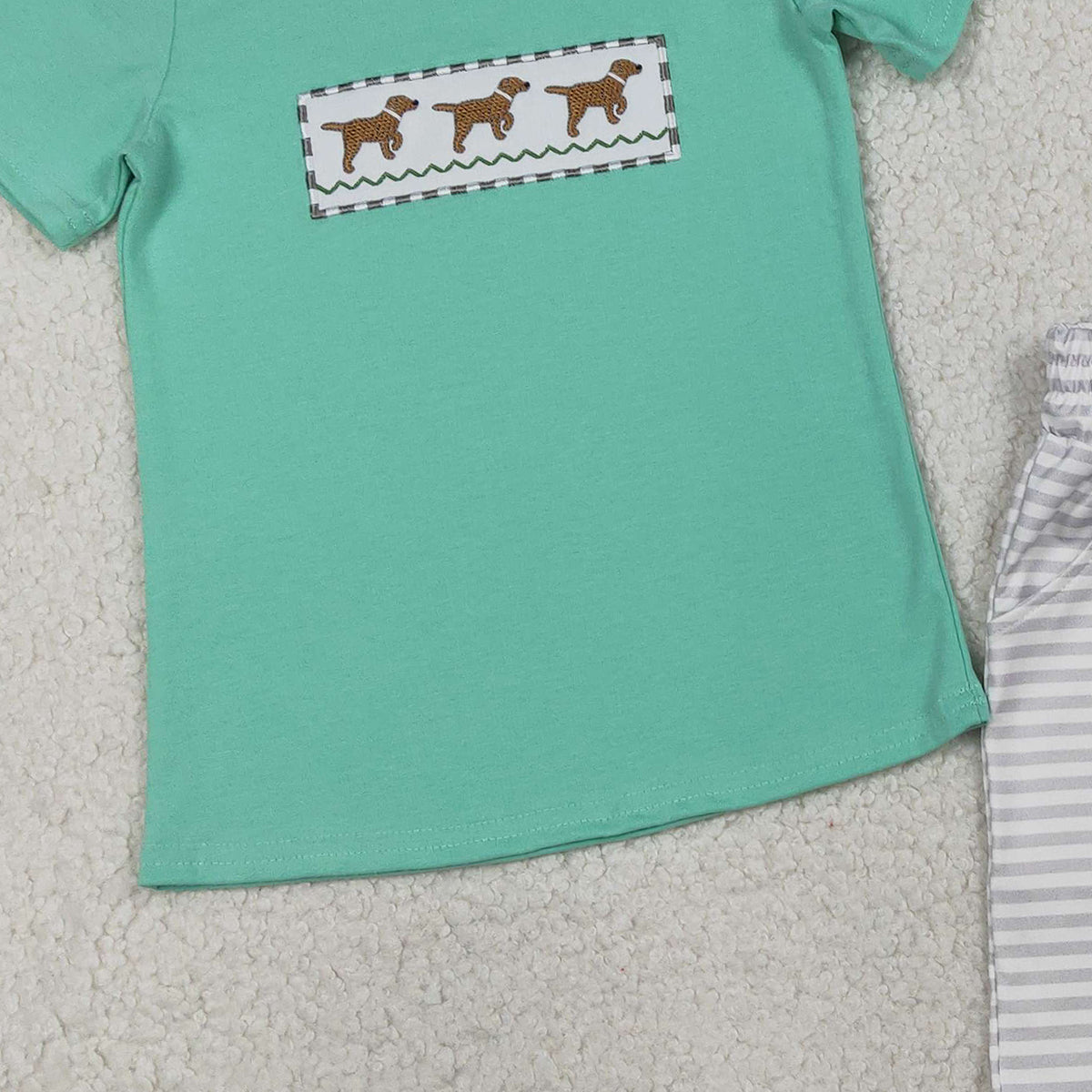 1.14 RTS NO MOQ （In stock）BSSO1688 Embroidery Dogs Baby Boys Top Stripe Pockets Shorts Hunting Clothes Sets