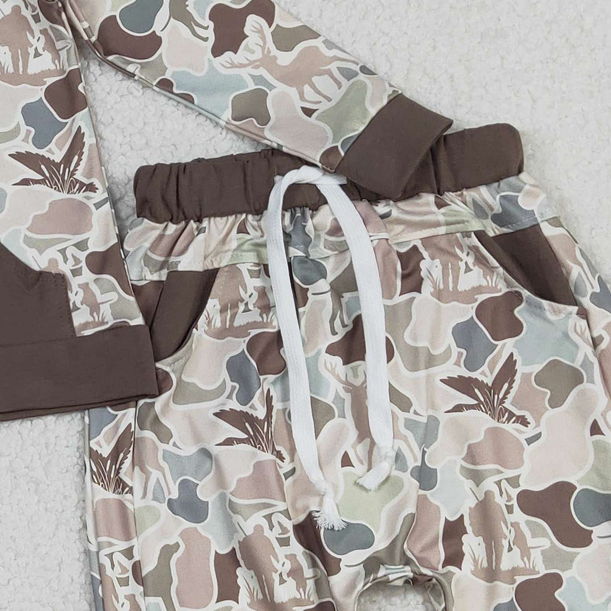 12.27 RTS NO MOQ （In stock）BLP1403 Baby Boys Deer Ducks Camo Pocket Hoodie Top Jogger Pants Hunting Clothes Sets