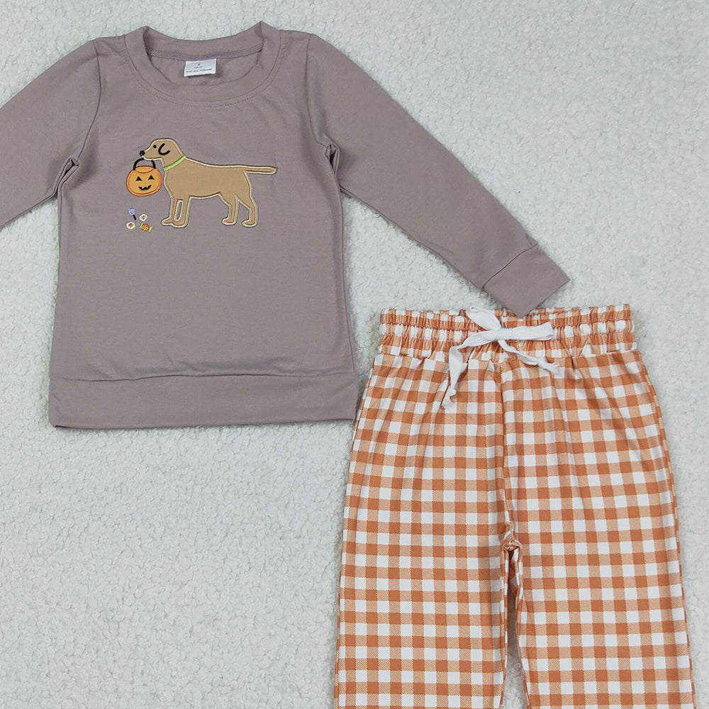 RTS NO MOQ （In stock）BLP1098 Baby Boys Winter Outfits Halloween Ghost And Pumpkins Dog Top with Orange Plaid Pants Outfit