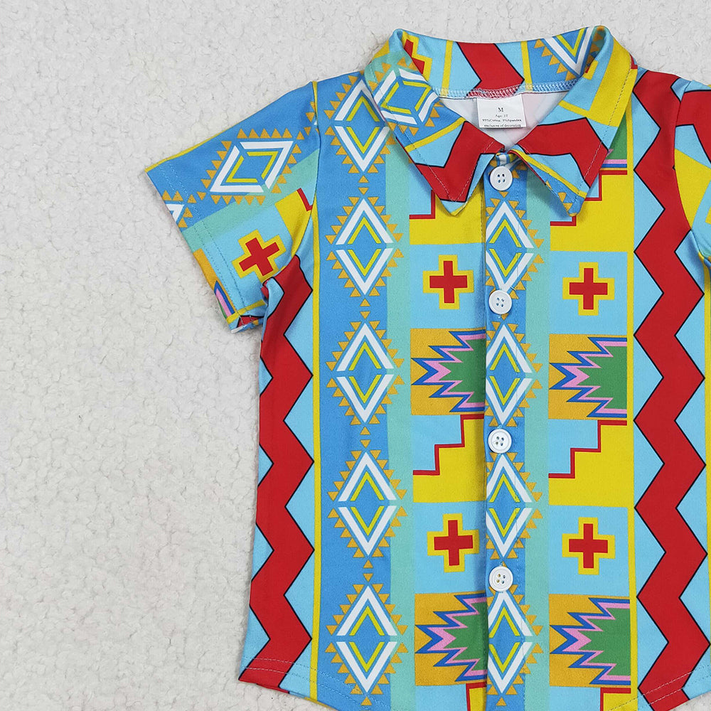 6.18 BT1225 RTS NO MOQ Baby Boys Short Sleeves Colorful Aztec Print Button Shirts Top
