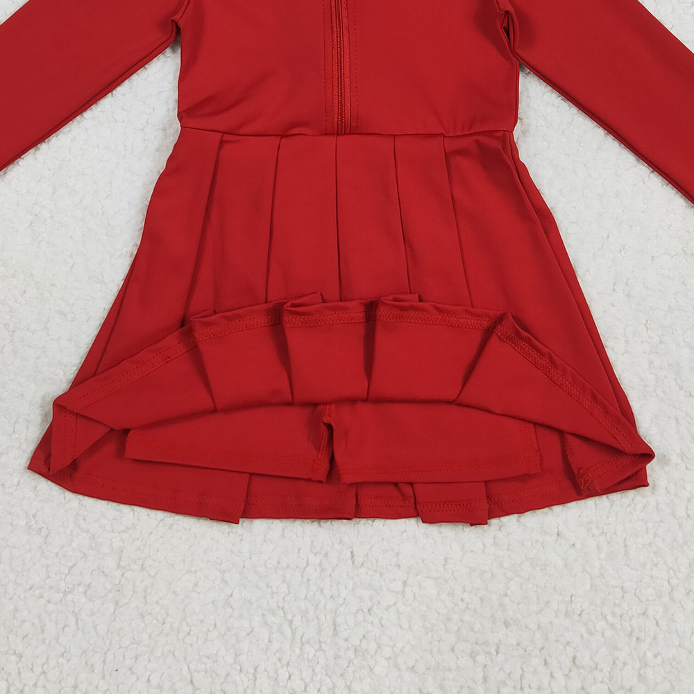 RTS NO MOQ （In stock）GLD1153 Baby Girls Yoga Dress Baby Girls Yoga Red Long Sleeves Zipper Knee Length Dresses