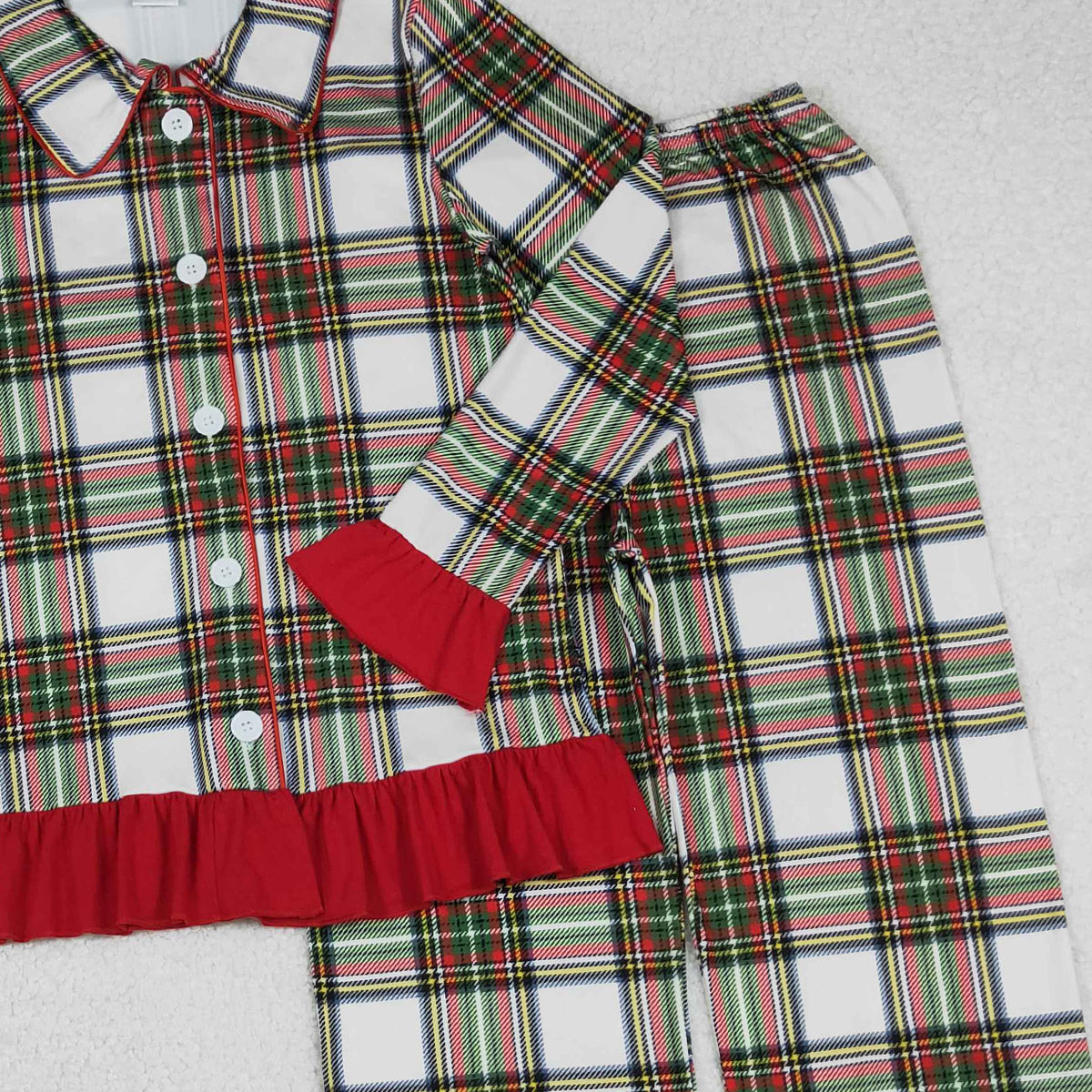 11.13 RTS NO MOQ （In stock）GLP2827 Adult Women Green Red Checked Button Top Ruffle Pant Christmas Pajamas Sets