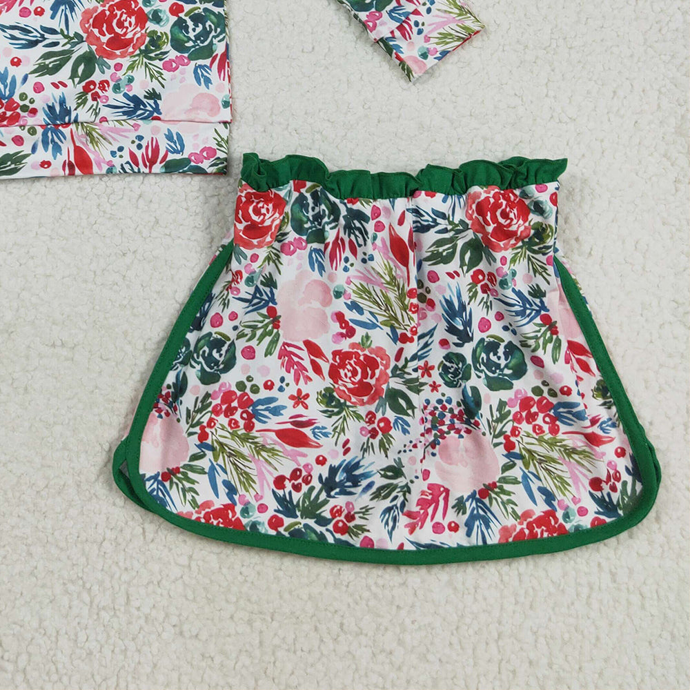 RTS NO MOQ （In stock）GLD1075 Baby Girls Outfits Baby Girls Long Sleeves Green Red Floral Zip Pullovers Top Skorts Clothes Set