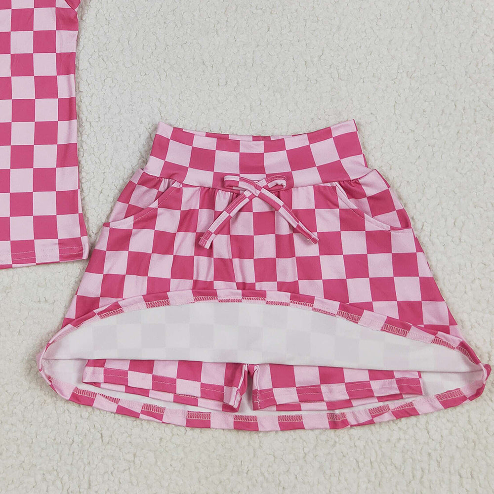 8.13   GSD2584 RTS NO MOQ Baby Girls Summer Outfits Baby Girls Sleeveless Pink Plaid Top Pockets Short Skirts Set