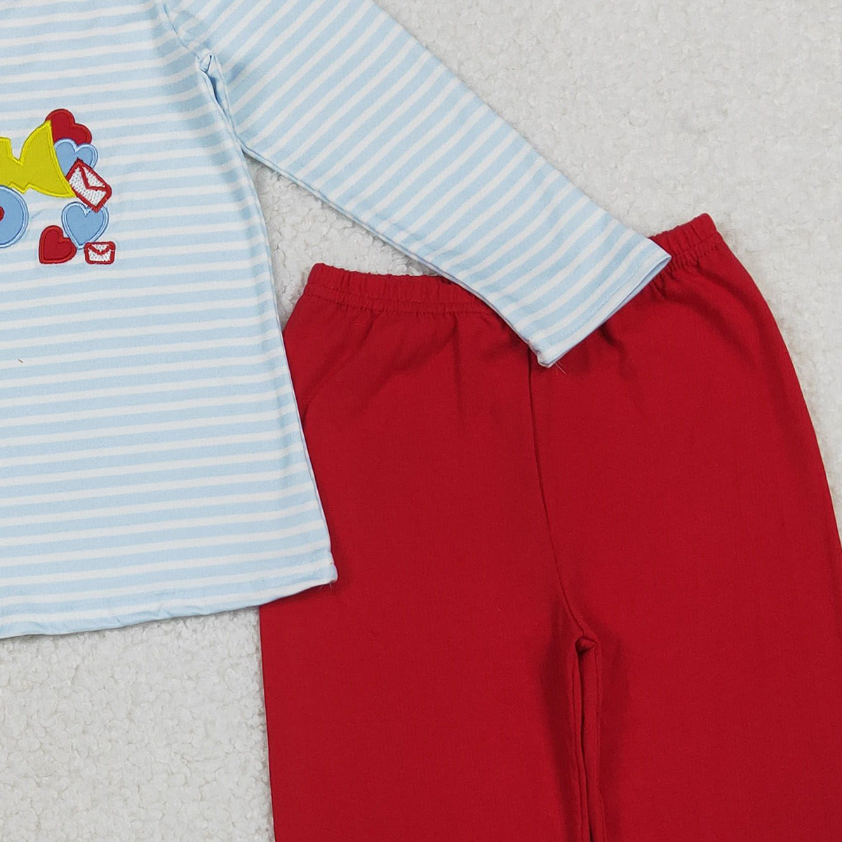 11.3 RTS NO MOQ （In stock）BLP1302 Baby Boys Winter Outfits Embroidery Hearts Excavator Baby Boys Stripe Top Pants Valentine Clothes Sets