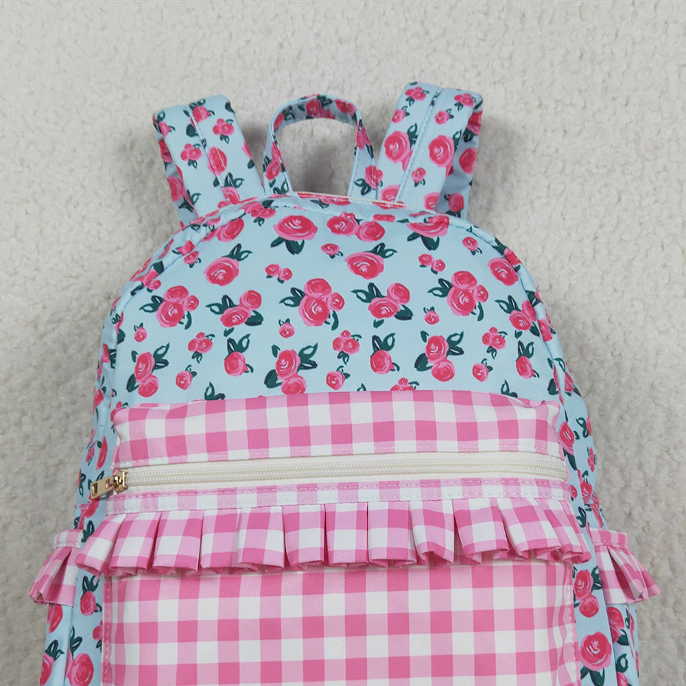 USA Shop (in stock)  BA0217  Baby Kids Girls Pink Flowers Checkered Backpack Zip Back Bags