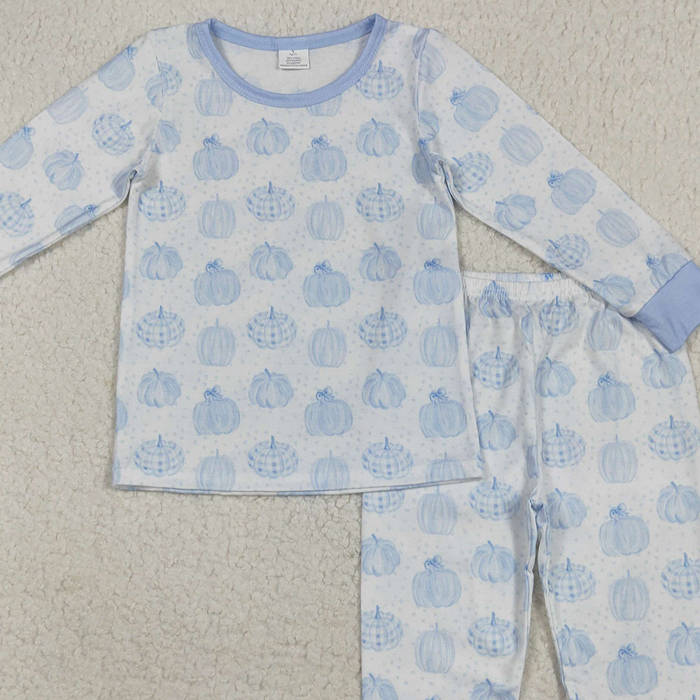 RTS NO MOQ （In stock） BLP0469Baby Boys Winter Outfits Blue pumpkin long sleeves kids boys fall pajamas