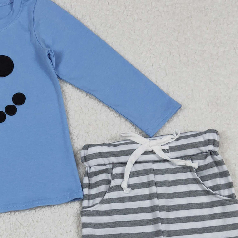 RTS NO MOQ （In stock）BLP1231Baby Boys Winter Outfits Christmas Blue Snowmen Top Stripe Pockets Pants Sets