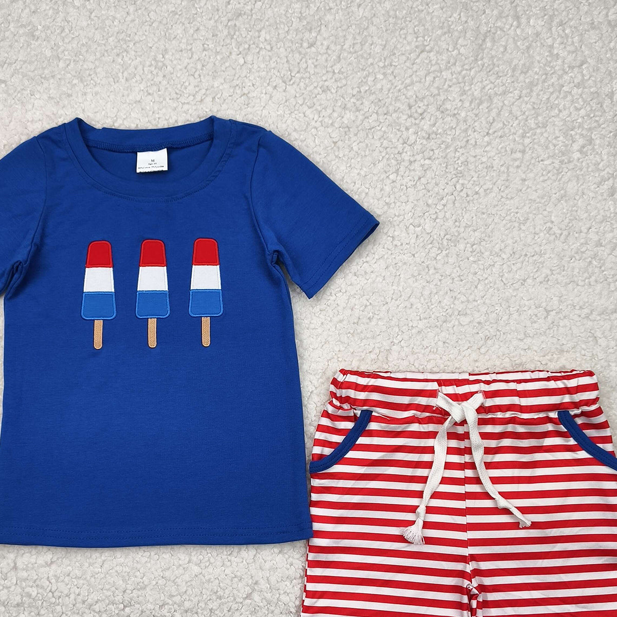 BSSO1250 RTS NO MOQ Baby Boys Summer Boys Outfits Embroidery Baby Boys 4th Of July Popstick Shirts Shorts Clothes Sets