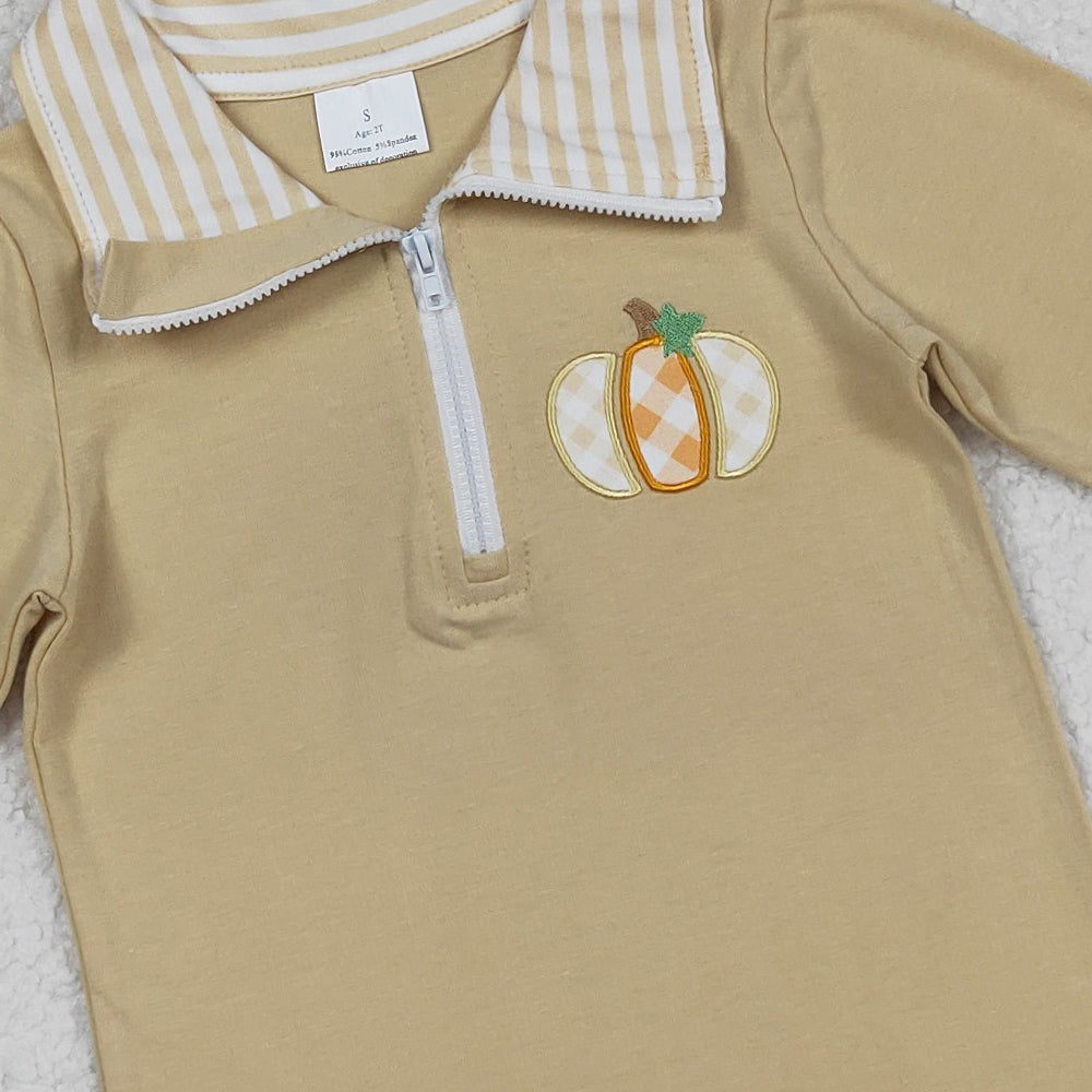 RTS NO MOQ （In stock）BT1293 Baby Boys Long Sleeve Tops Baby Boys Khaki Zipper Pullover Top with Embroidery Pumpkins Design Cute And Cozy Baby Clothing
