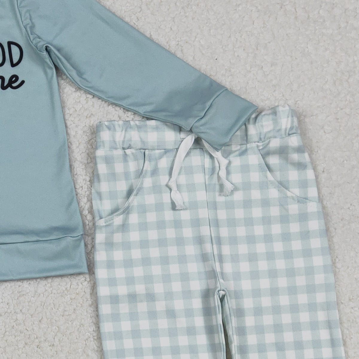 12.8 RTS NO MOQ （In stock）BLP1345 Baby Boys God Is Good Top Checked Pockets Jogger Pants Clothes Sets