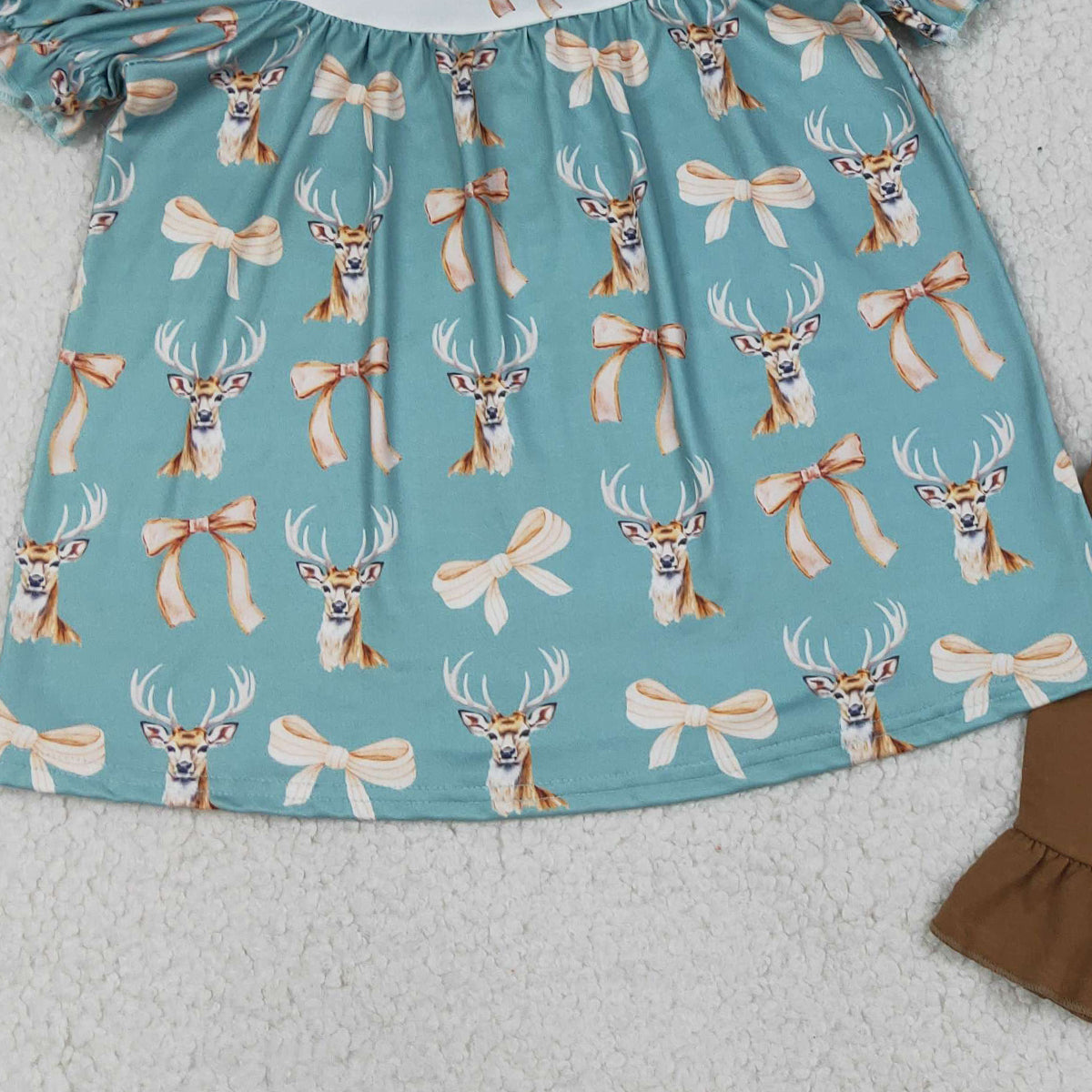 4.9 GSSO3212 RTS NO MOQ （In stock ）Short sleeves deer bow tunic ruffle shorts girls outfits