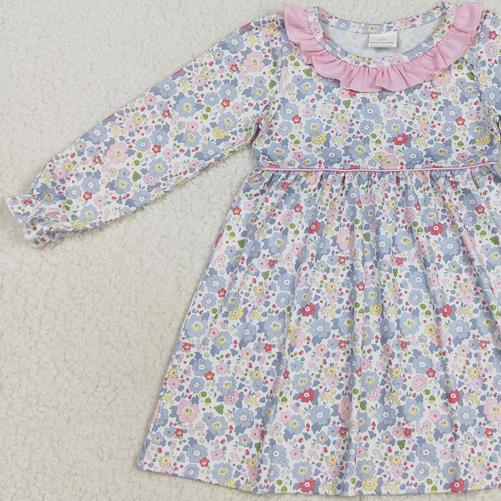 RTS NO MOQ （In stock）GLD1120 Baby Girls Winter Dress Baby Girls Fall Pink Blue Floral Flowers Knee Length Dresses