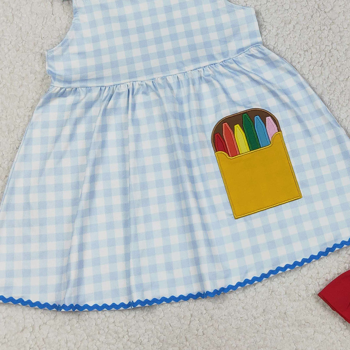 3.12 RTS NO MOQ （In stock）GSSO3101 Kids Clothing for Girls Baby Girls Embroidery Pencils Checked Tunic Ruffle Shorts Back to School Sets