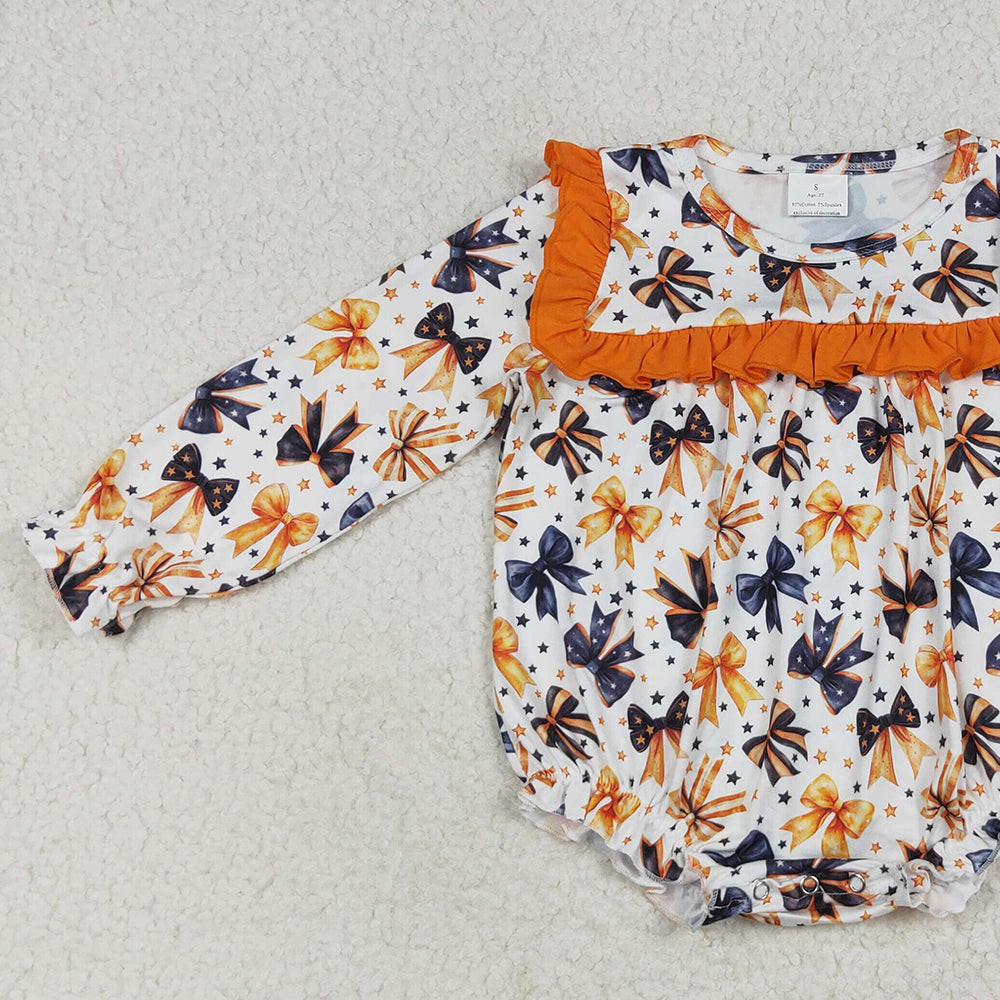 RTS NO MOQ （In stock）LR2207 Baby Girls Winter Rompers Baby Girls Halloween Colorful Bows Stars Ruffle Rompers