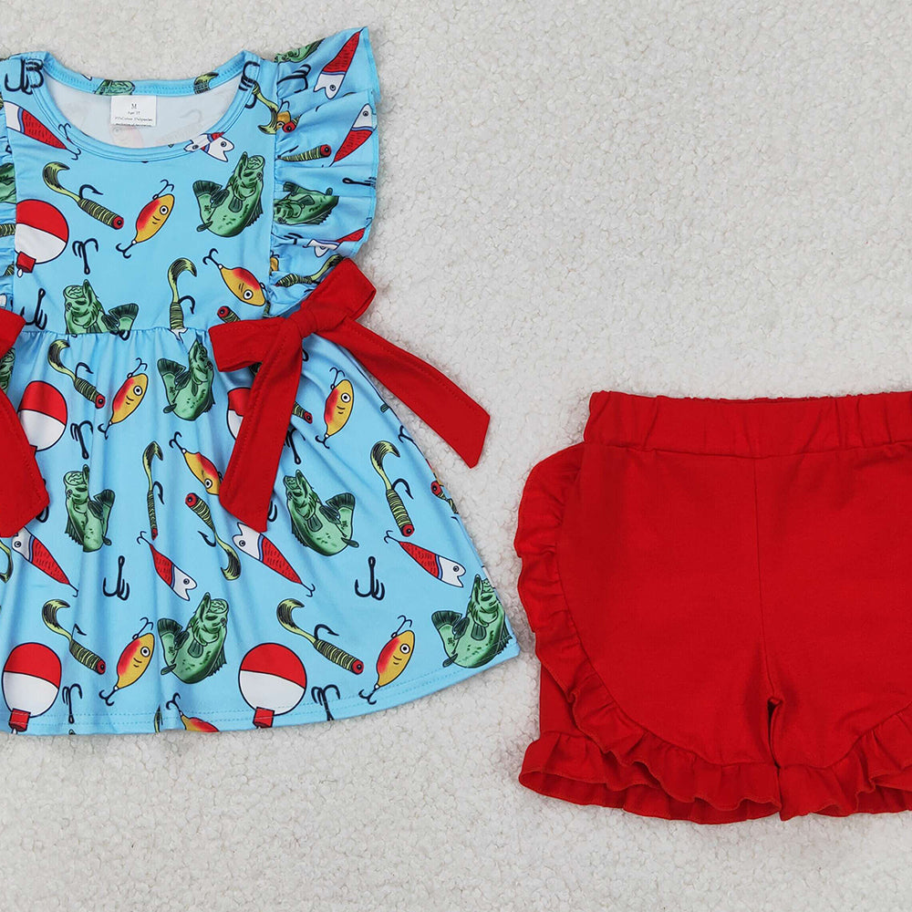 4.12 GSSO2097 RTS NO MOQ Baby Girls Blue Sleeveless Fishes Red Bows Tunic Ruffle Short Hunting Set