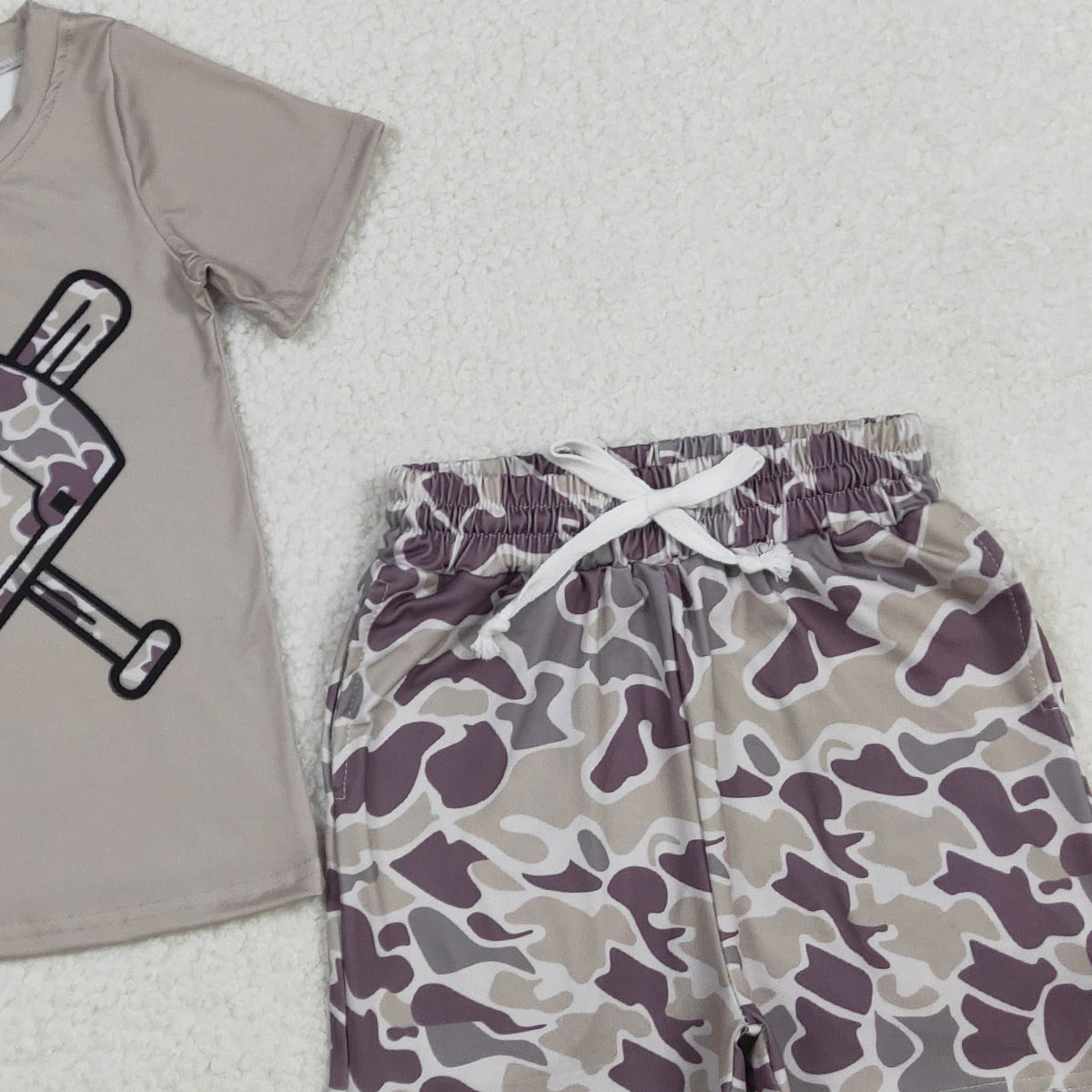 11.21 RTS NO MOQ （In stock）BT1417+SS0733 Baby Boys Grey Camo Baseball Short Sleeve Team T-shirts Shorts Clothes