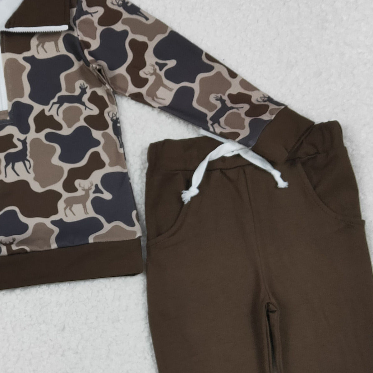 10.23 RTS NO MOQ （In stock）BLP1270 Baby Boys Winter Outfits Baby Boys Deer Camo Zipper Pullovers Pockets Jogger Hunting Clothes Sets