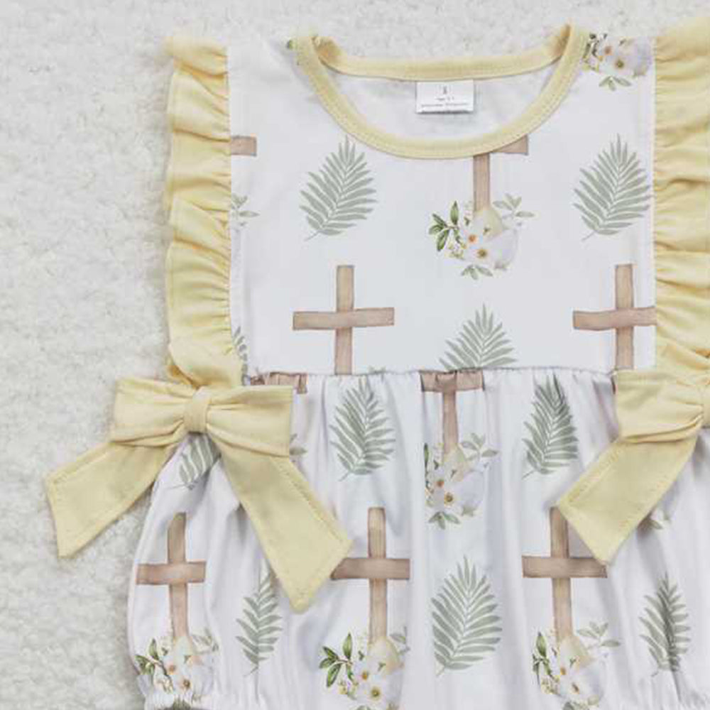 4.18 SR0619 RTS NO MOQ Sleeveless cross he is risen baby girls easter romper