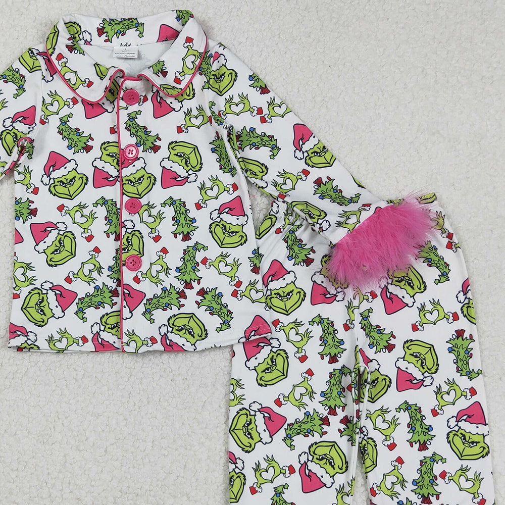 RTS NO MOQ （In stock）GLP2647 Baby Girls Winter Outfits Christmas Green Fur Pajamas Set with Face Buttons Long Sleeve Top And Pants