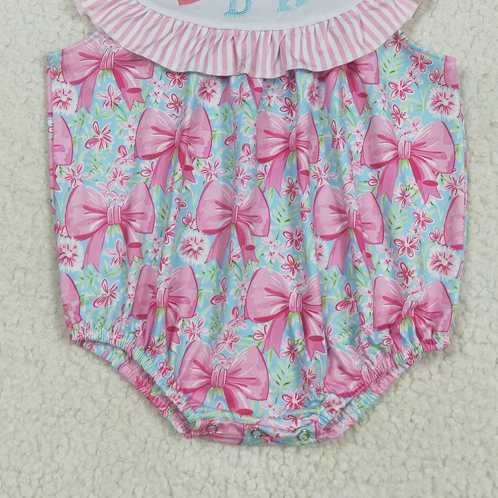 8.11  SR3089 RTS NO MOQ Baby Girls Summer Rompers Embroidery Baby Girls Pink I Love Dad Bows Floral Ruffle Rompers