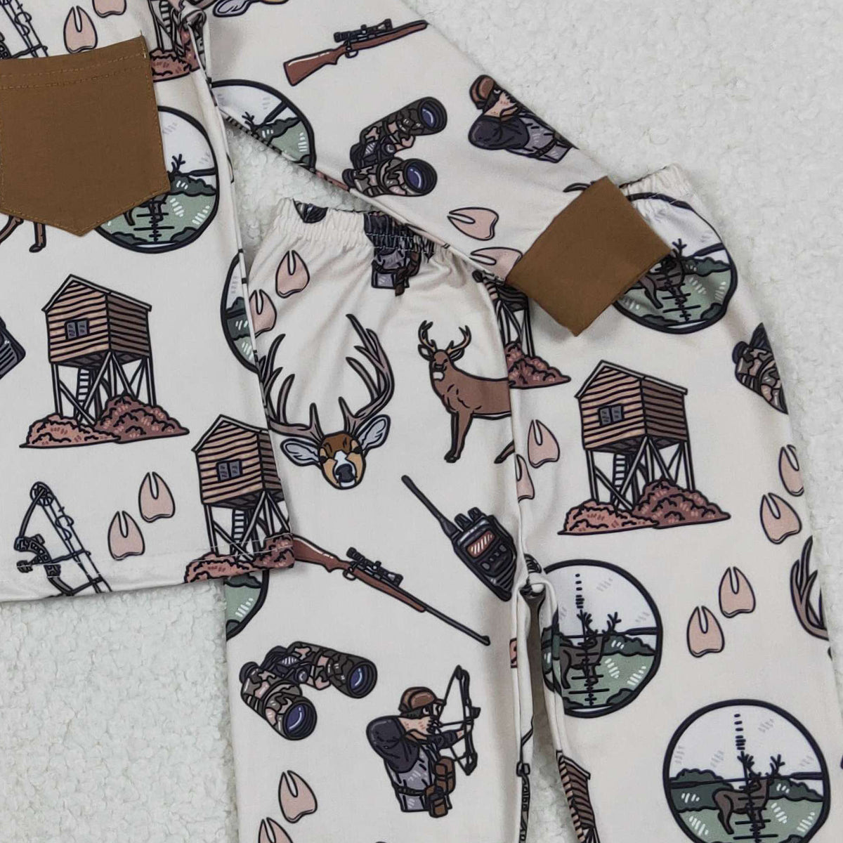 11.12 RTS NO MOQ （In stock）BLP1236 Baby Boys Deer Hunting Pocket Top Pant Pajamas Set
