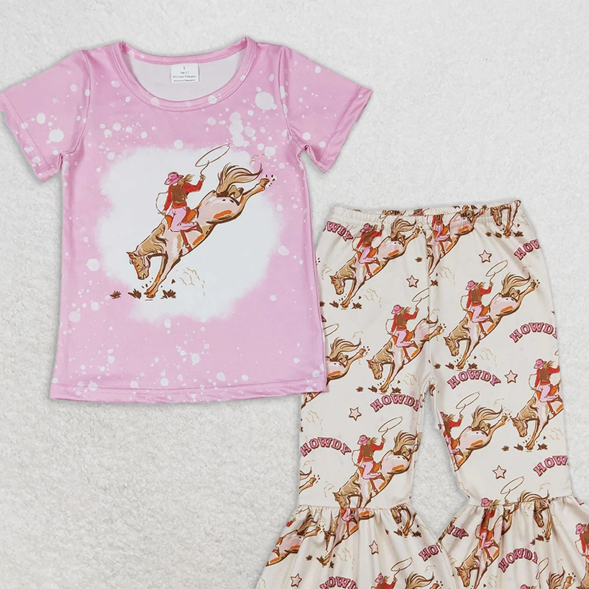 GSPO1487 RTS NO MOQ Baby Girls Spring Outfits howdy riding pink short-sleeved trousers suit