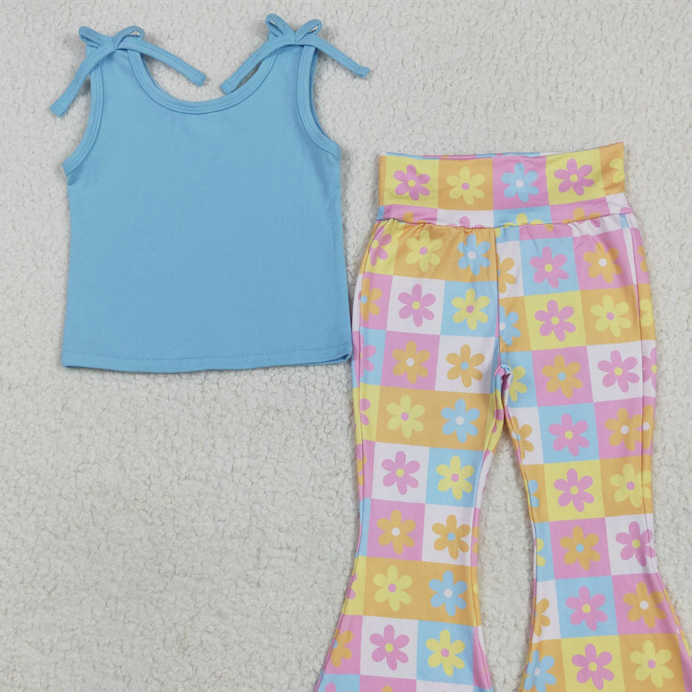 7.02 GSPO2017 RTS NO MOQ Baby Girls Spring Outfits Baby Girls Blue Top Flowers Plaid Bell Bottom Pants Sets