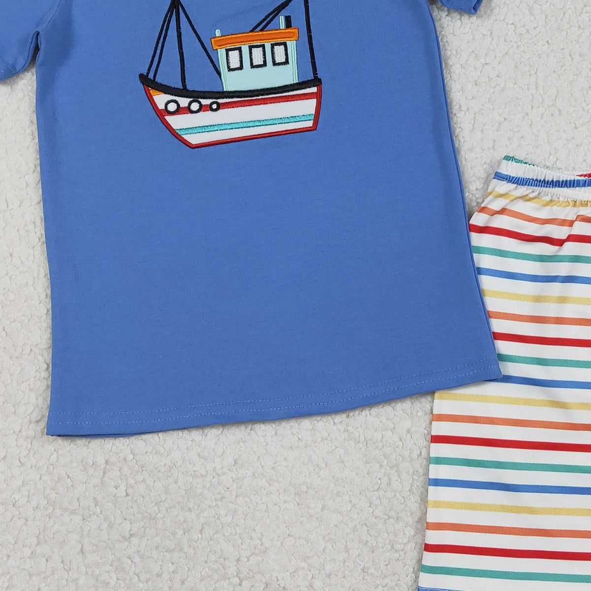 1.7 RTS NO MOQ （In stock）BSSO1754 Embroidery Boats Baby Boys Blue Shirt Top Stripe Shorts Clothes Set