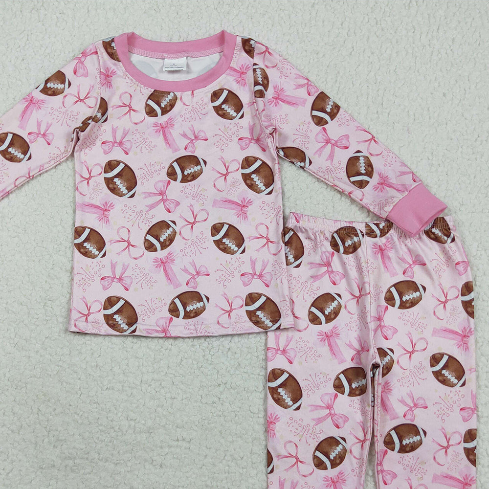 RTS NO MOQ （In stock）GLP1700 Baby Girls Winter Outfits Baby Girls Pink Football Bows Shirt Pants Pajamas Clothes Sets