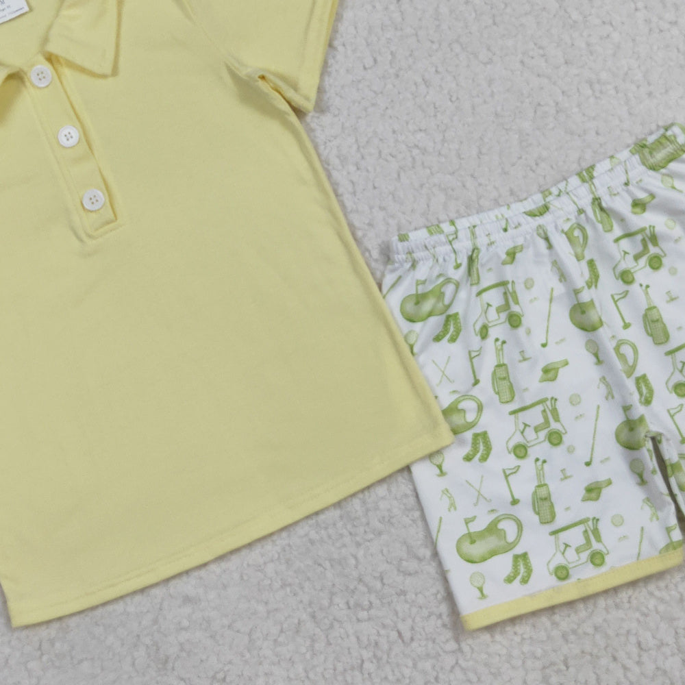 RTS NO MOQ （In stock）BSSO1546 Baby Boys Summer Boys Outfits Baby Boys Yellow Button Pullovers Top Golf Short Clothes Set
