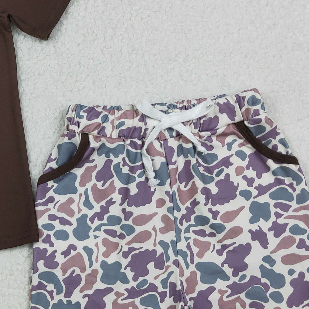 11.8 RTS NO MOQ （In stock）BSSO1562 Embroidery Love This Country Boy Deer Camo Pockets Shorts Hunting Clothes Sets