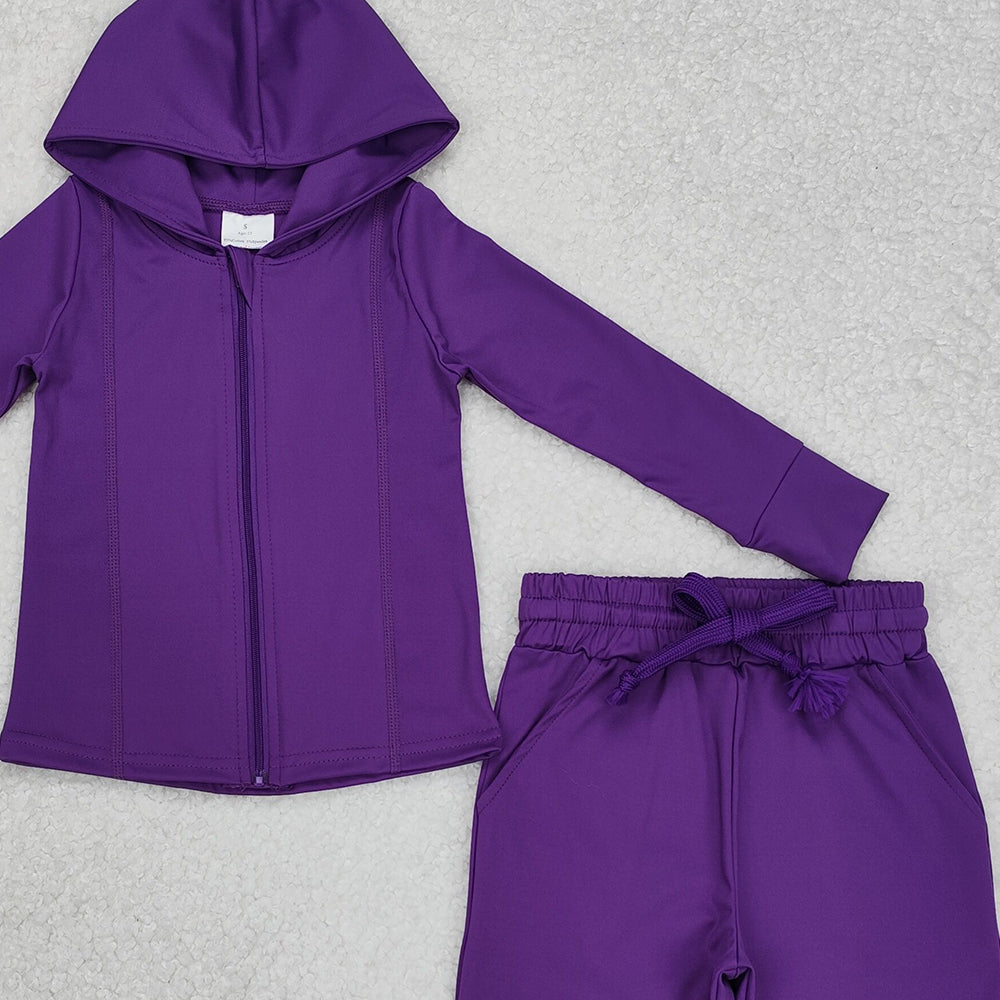 GT0807+P0670 New Rts No Moq 8-9 Days By Air Arrived it Girls Purple Hooded Zipper Long Sleeve Yoga Top with Matching Pants Set Comfortable Sportswear for Kids