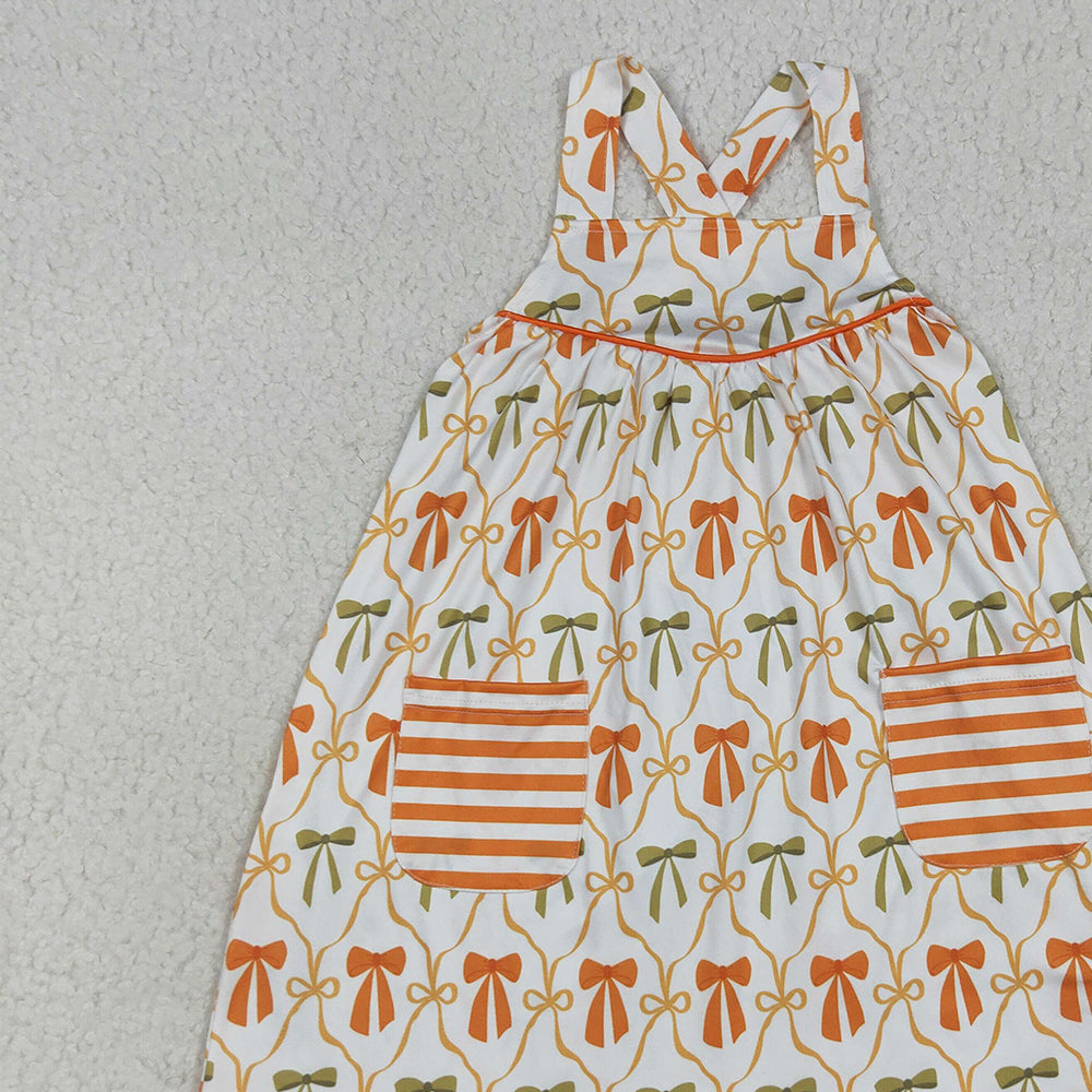 RTS NO MOQ （In stock）GSD2676 Baby Girls Summer Dress Baby Girls Straps Orange Bows Plaid Stripe Pockets Knee Length Dresses
