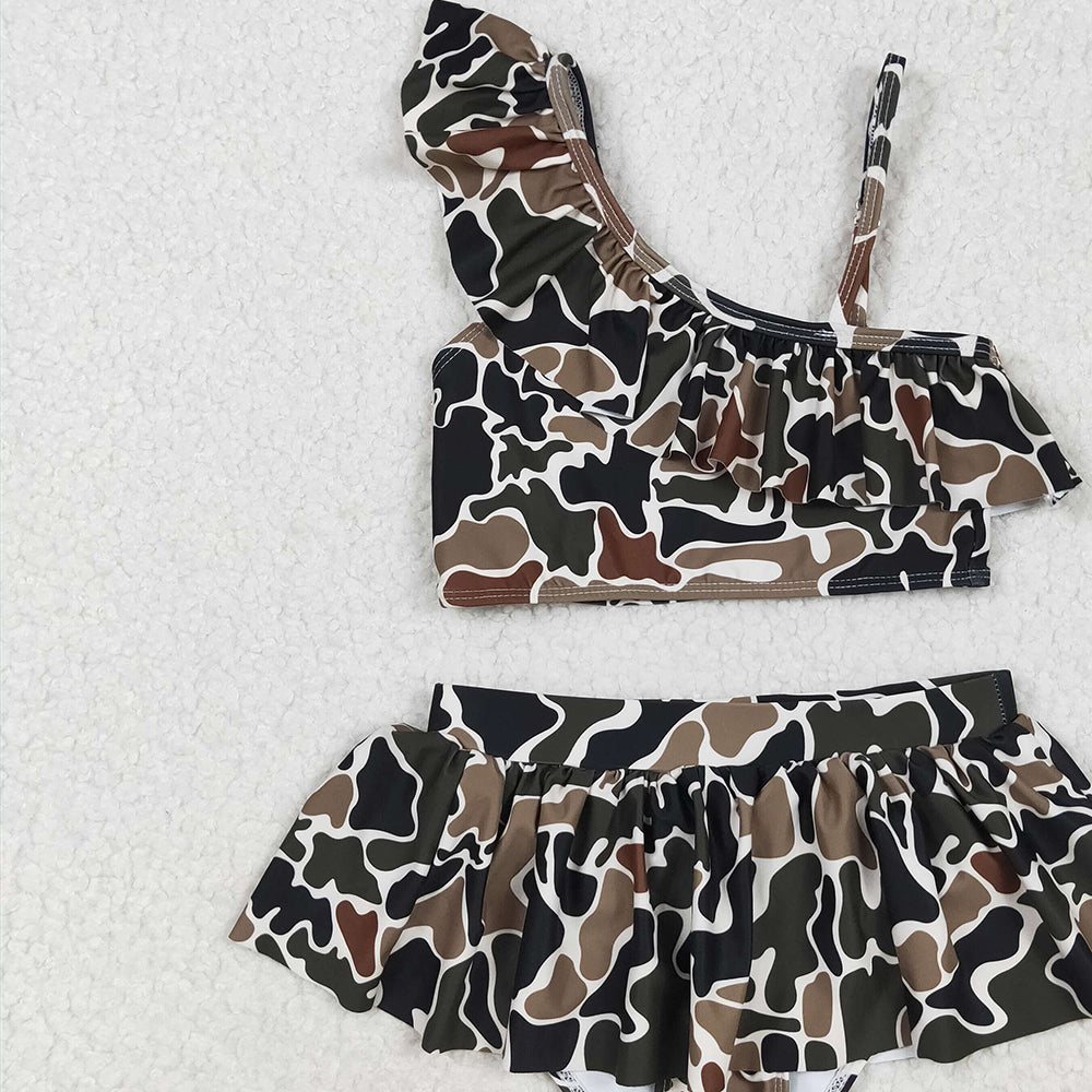 S0481RTS NO MOQ Baby Girls Summer Swimsuits Brown camo ruffle kids girls two pieces swimsuits