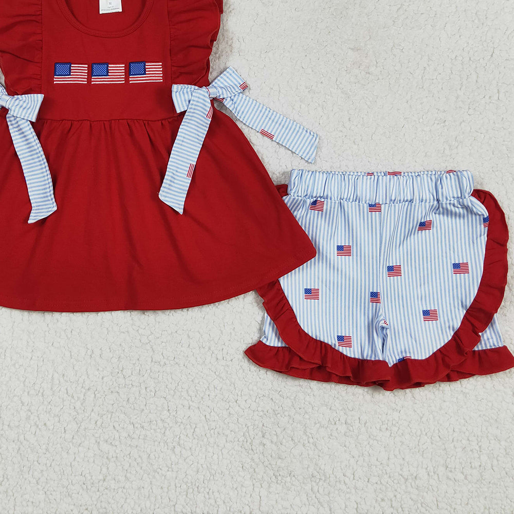 GSSO2375 RTS NO MOQ Baby Girls Summer Outfits  Red flutter sleeves flag tunic shorts girls 4th of july outfits