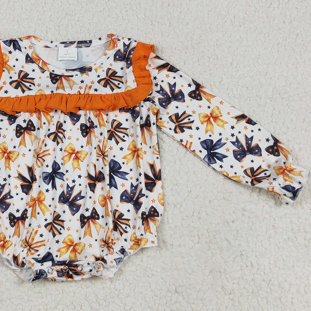 RTS NO MOQ （In stock）LR2207 Baby Girls Winter Rompers Baby Girls Halloween Colorful Bows Stars Ruffle Rompers