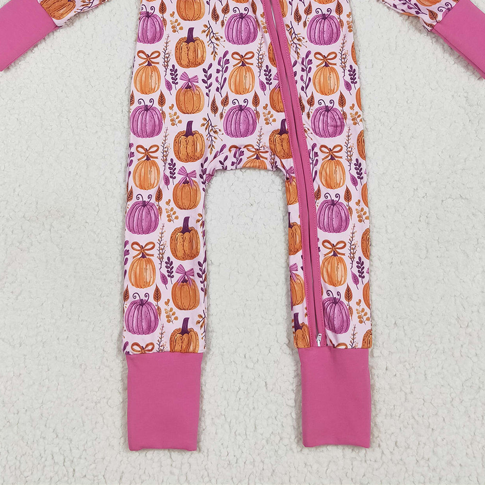 8.15 USA Shop (in stock)LR2270  Baby  Winter Rompers Baby Girls Long Sleeves Hot Pink Floral Pumpkins Zipper Rompers