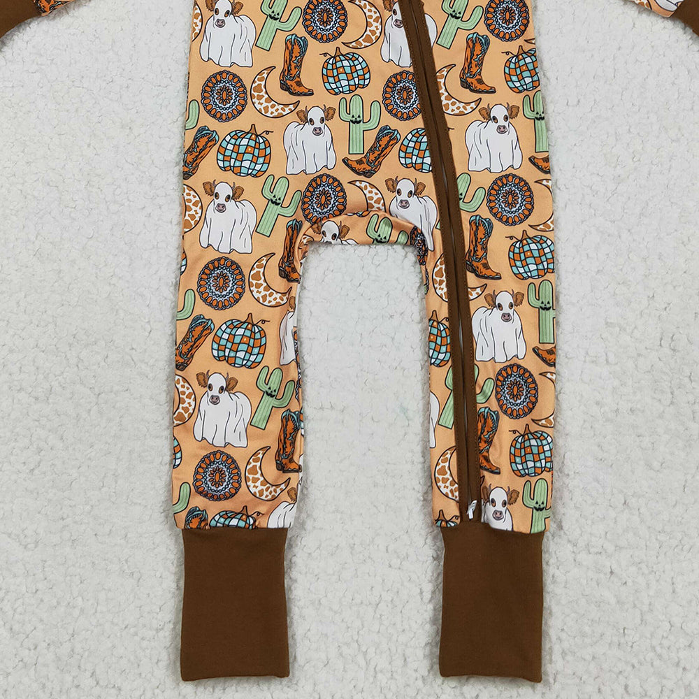RTS NO MOQ （In stock）LR2463 Baby Boys Winter Rompers Baby Boys Western Cactus Boots Cows Zipper Footie Rompers