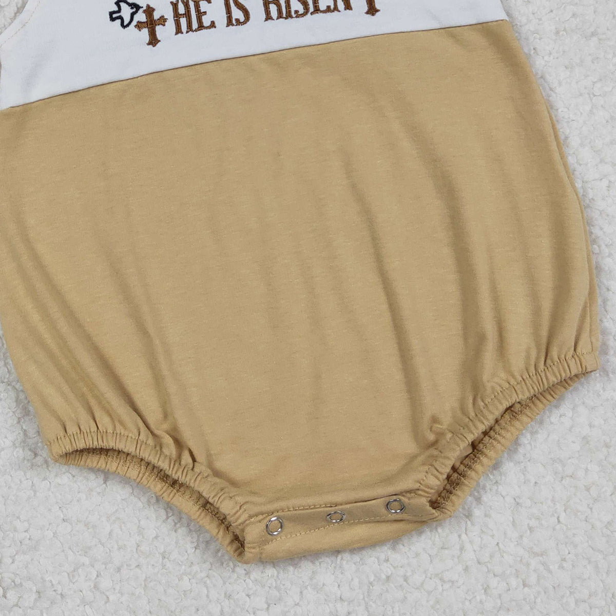 3.14 RTS NO MOQ （In stock）SR3547 Children's Fashion Romper Baby Boys Sleeveless Embroidery He is Risen Crosses Rompers