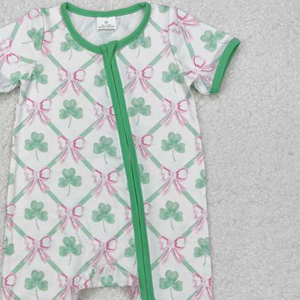 SR2109  RTS NO MOQ Shamrock pink bow baby girls St Patrick's zipper romper
