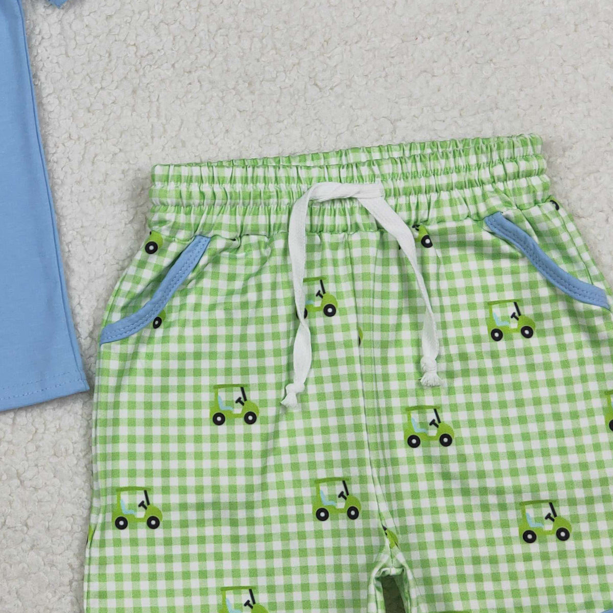 1.19 RTS NO MOQ （In stock）BSSO1672 Embroidery Golf Trucks Baby Boys Pockets Top Checked Shorts Clothes Sets