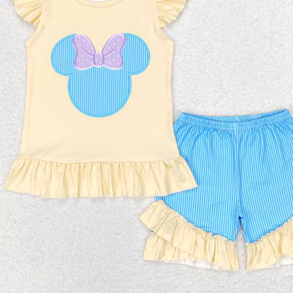 4.25 GSSO1159  RTS NO MOQ Yellow flutter sleeves mouse top shorts girls clothes