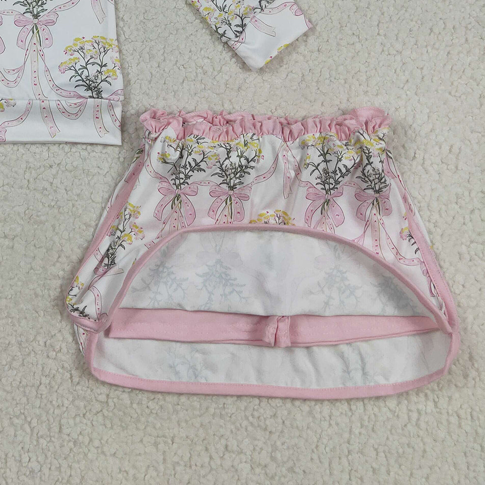 RTS NO MOQ （In stock）GLD1078 Baby Girls Outfits Baby Girls Pink Bows Flowers Plaid Half Zip Pullpvers Skorts Set