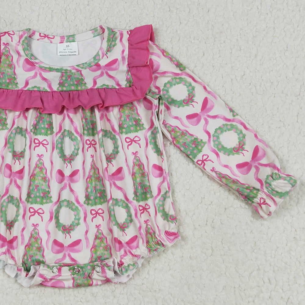 8.14  LR2202RTS NO MOQ Baby Girls Winter Rompers Baby Girls Long Ruffle Sleeves Trees Bows Ruffle Rompers