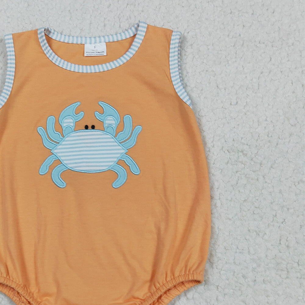 6.19 SR3058RTS NO MOQ Baby Boys Summer Rompers Embroidery Baby Boys Sleeveless Crab Rompers