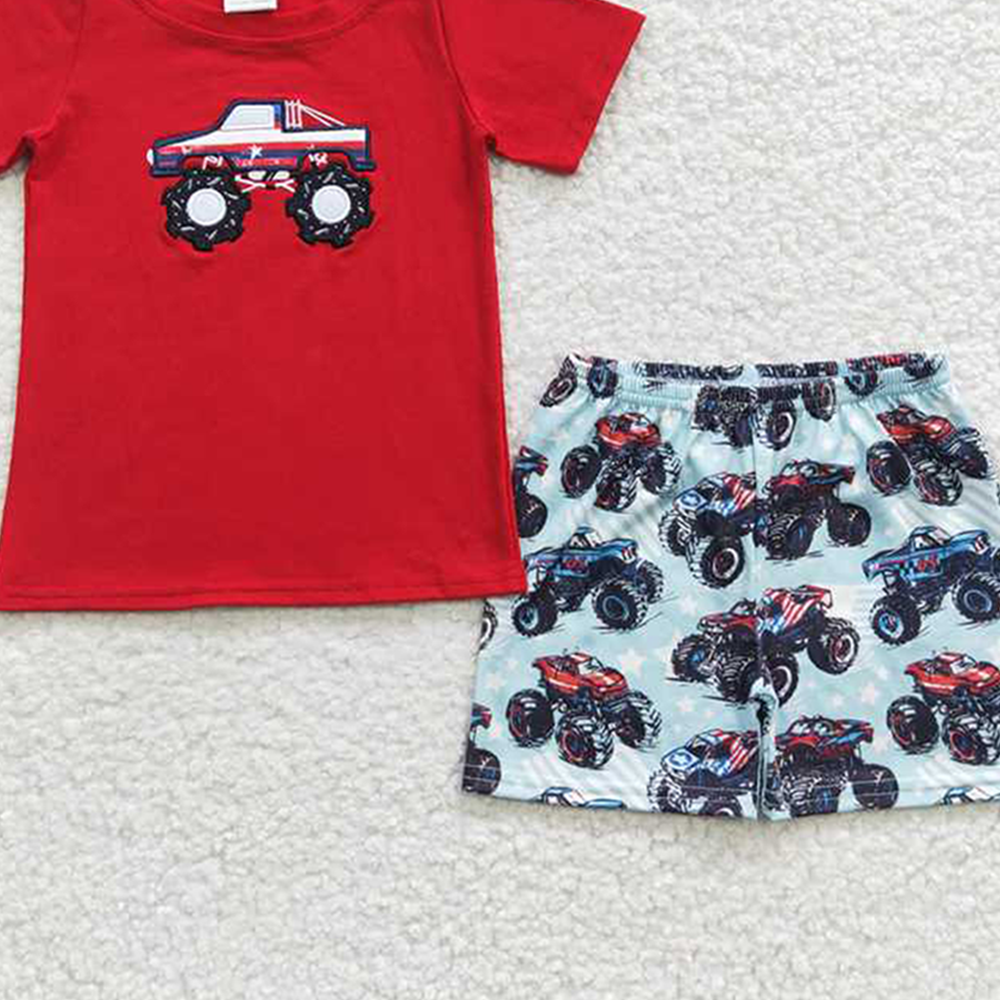 BSSO0185 RTS NO MOQ Baby Boys Summer Boys Outfits Embroidery Baby Boys Tractor Summer Shorts Sets